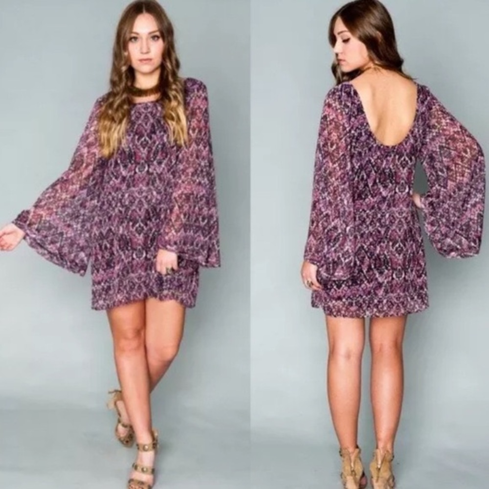 Show Me Your Mumu Purple Snakeskin Bell Sleeve Dress